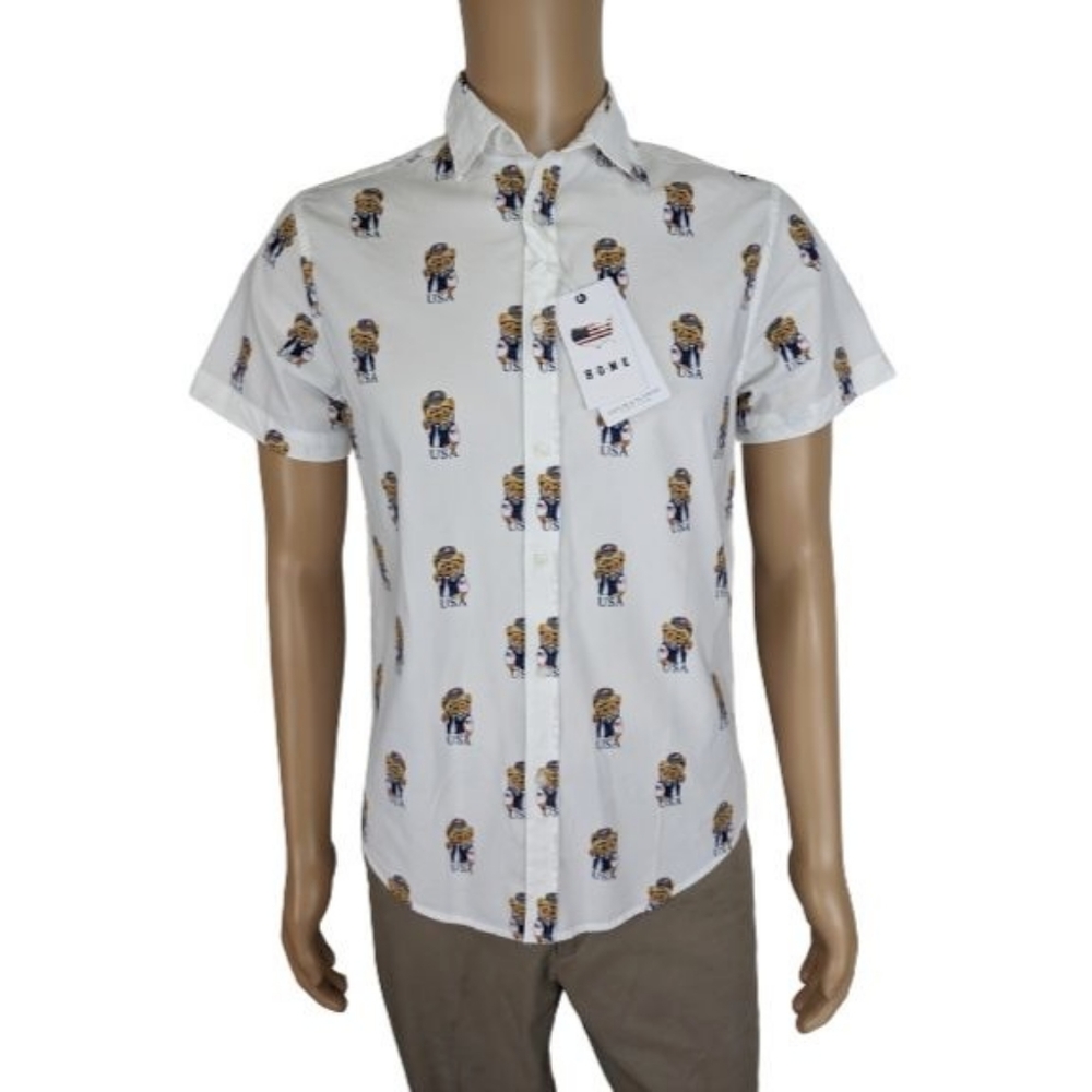 Denim & Flower Ricky Singh Teddy Bear USA Print Button Down Shirt S
